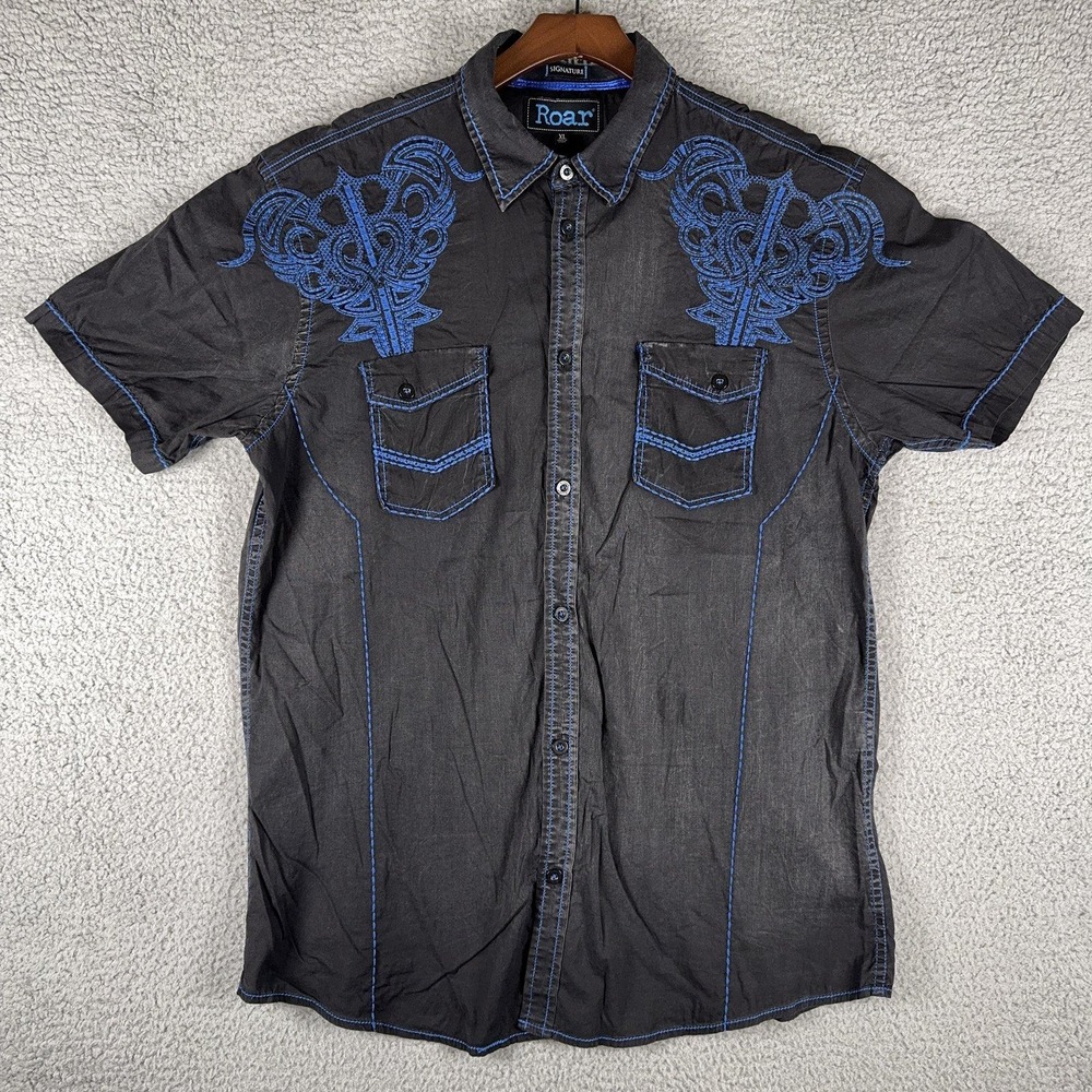 Roar Signature Shirt Mens XL Black Blue Tribal Embroidered Button Up Y2K